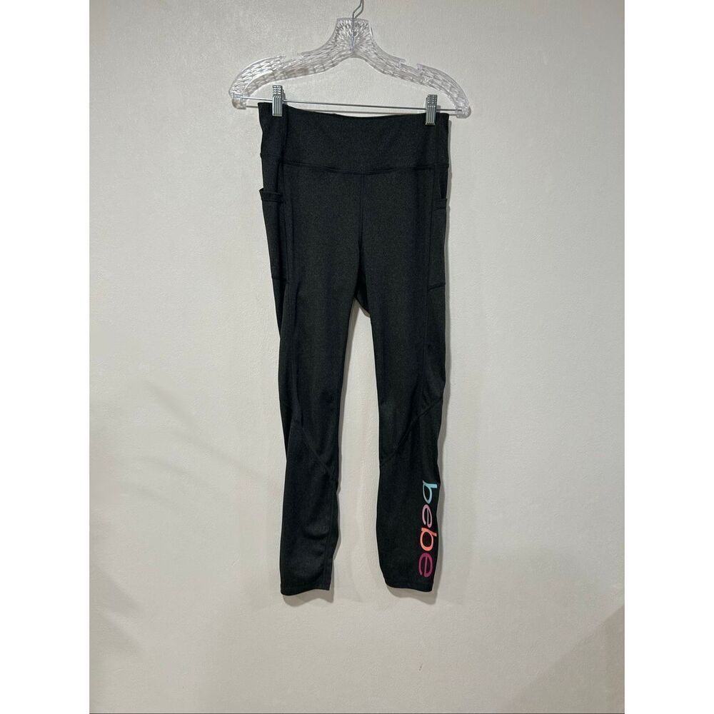Bebe Women’s Large Black High Rise Leggings with Pockets Logo Activewear